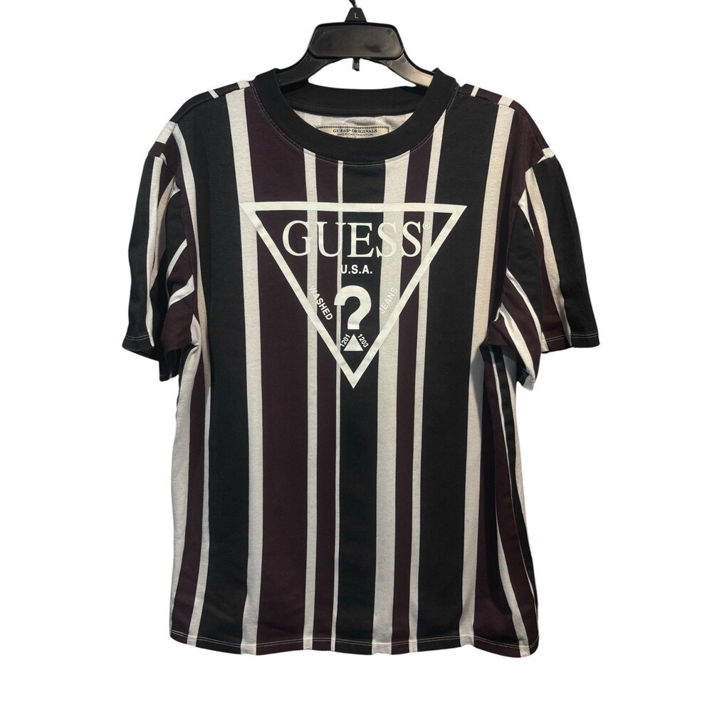 Vintage 90’s Guess Originals Men's Classic Striped T-Shirt Maroon Size Small